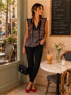 🖤 BLACK TAPE Lace Detail Floral Blouse Small